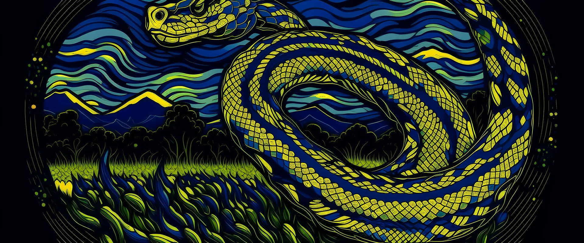 Python logo in a field with Van Gogh style