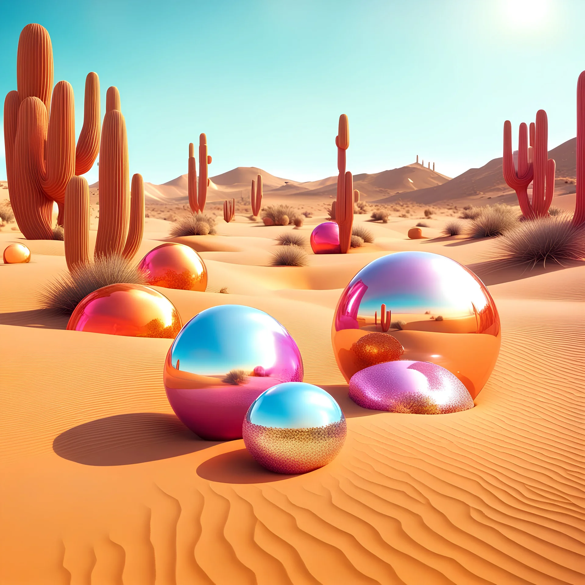 Bright, glittering, 3d, plastic-like, surreal objects in a bright environment, desert, noon light