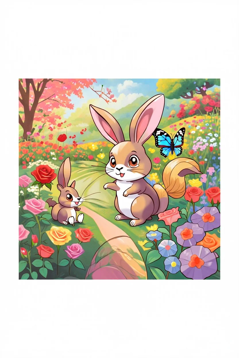 A beautiful butterfly, cute bunny and friendly squirrel looking amazingly at a bright red rose in a colorful garden, child book illustration style, faces must be the same as reference image