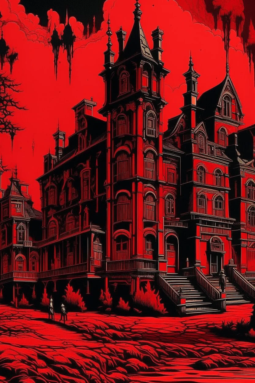 A dark red village with a vampire chateau designed in Mehndi design painted by Andy Warhol