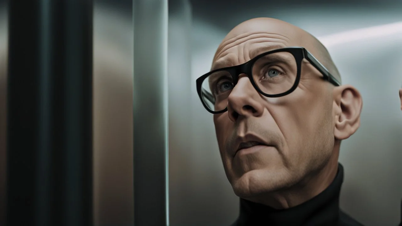 A striking, photorealistic portrait of Chris, a middle-aged european man with a slightly shaven head , wearing black square glasses, black shirta and makes a scared face. The background reveals a futuristic neon light, designed with modern, sleek lines and advanced technology. The overall ambiance gives off a sense of professionalism and cutting-edge innovation., photohigh detalied, sharp focus, professional photo