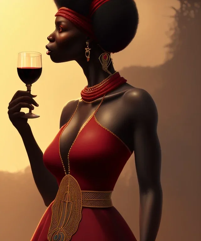 Negra Francisca, beautiful, curvy body, mature African slave, simple red fabric dress, beautiful long black hair, red headband, head and shoulders portrait, holding glass of wine, 8k resolution concept art portrait by Greg Rutkowski, Unreal Engine 5 volumetric lighting