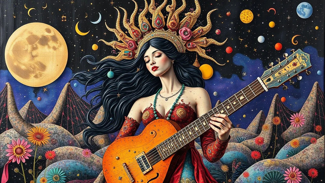 "Midnight Serenade" otherworldly presence the most beautiful woman in God of war, 3D, in the style of Pacheco, Kazumasa Nagai, Yayoi Kusama, Roger Ballen, Arthur Dove and Yaacov Agam Background mixed media collages incorporating recycled materials, bright colors, and symbols of artists rocker and environmental activism, reflect the artist's response to contemporary issues. salvador dali v 5.2--c 10 --style raw --ar 16:9 --s 1000