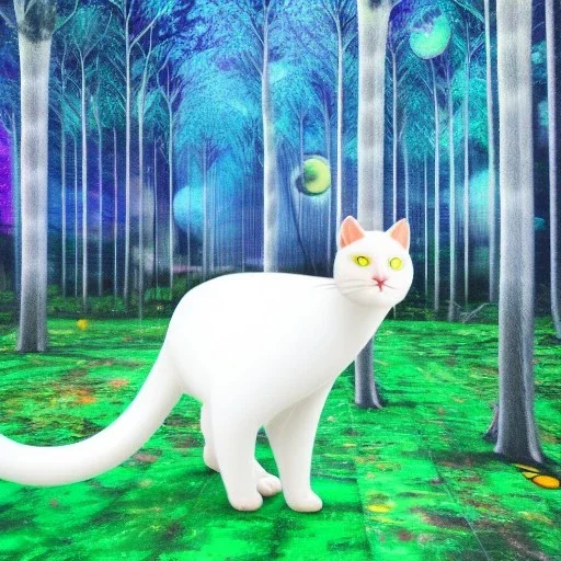 White cat walking in psychedelic forest