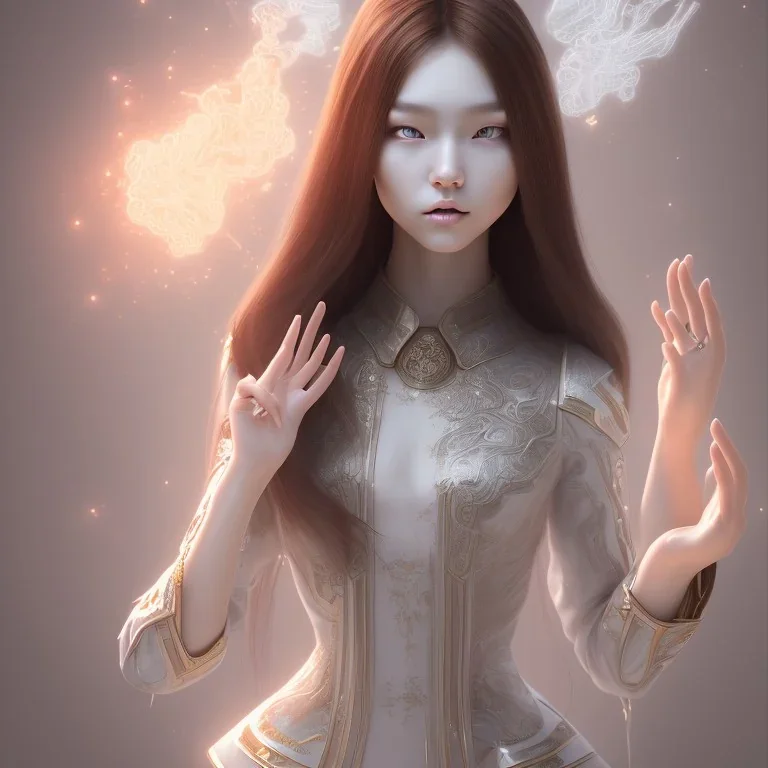 Korean girl , long Brown hair, White headfone, hands on the Chen,elemental face, Unreal Engine 5, highly detailed, highest quality, digital painting, complex 3d render, unreal engine render, insane detail, intricate photograph quality, magnificent, majestic, highly intricate, Realistic photography, grand hall, wicked throne, holding scepter, crown of barbwire, dark color palette, metallic, highly detailed, highest quality, digital painting