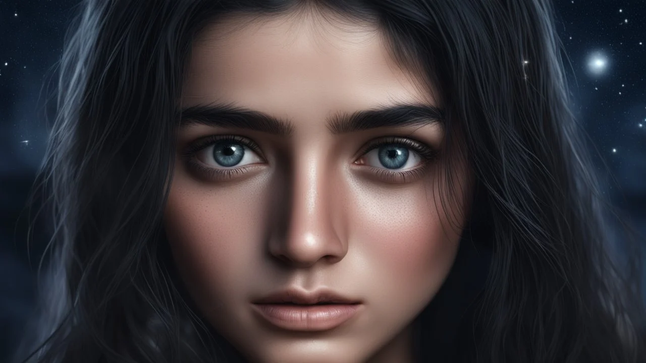 Hyper Realistic closeup-face-view of a Sad-Young-Beautiful-Pashto-Woman-with-beautiful-eyes-with-tears-&-long-black-hair at dark-night-with-stars-on-sky