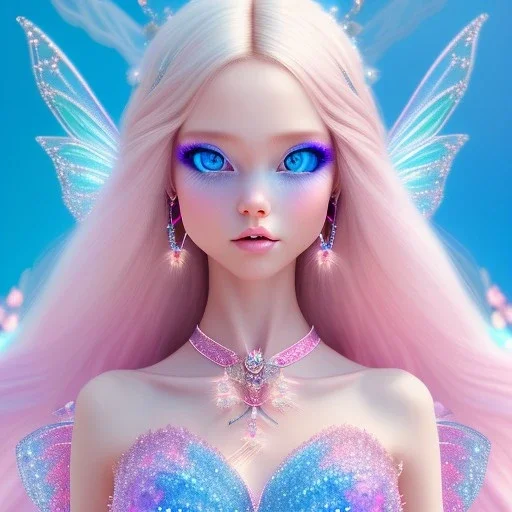  beautiful, soft, whide smile face,whole head, long blonde straight hair, blue eyes, fairy wings on the back, transparent crystal blue and pink clothes, background blue and pink, big definition, 8K