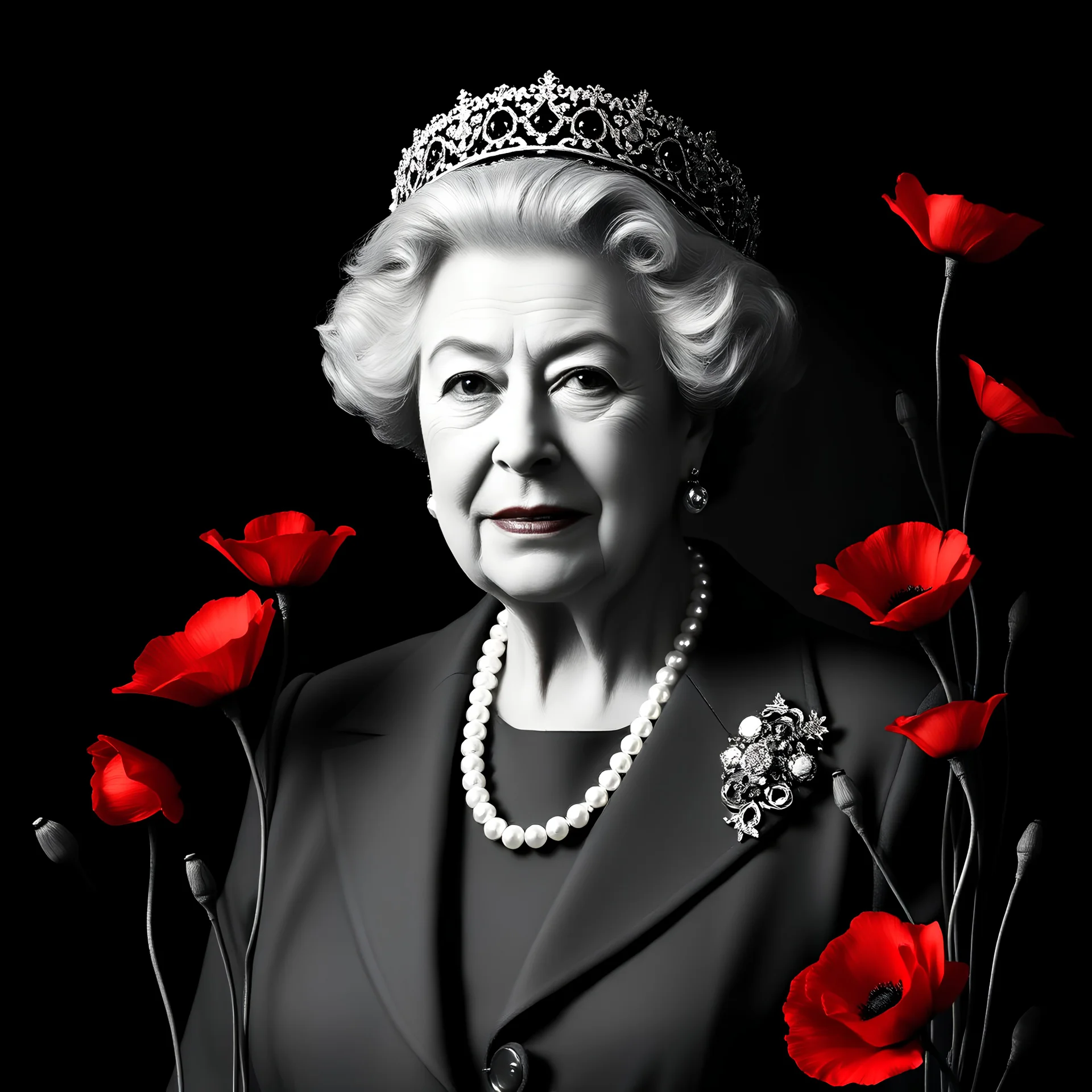 Abstract art style in black and white halftone dots overlay of a royal portrait elder Queen Elizabeth in her iconic matching suit and jacket , pearl necklace, elegant, highly detailed and realistic. Royal portrait style, red poppies grow around her like an art nouveau frame, opulant and elegant, illuminating, chiaroscuro lighting