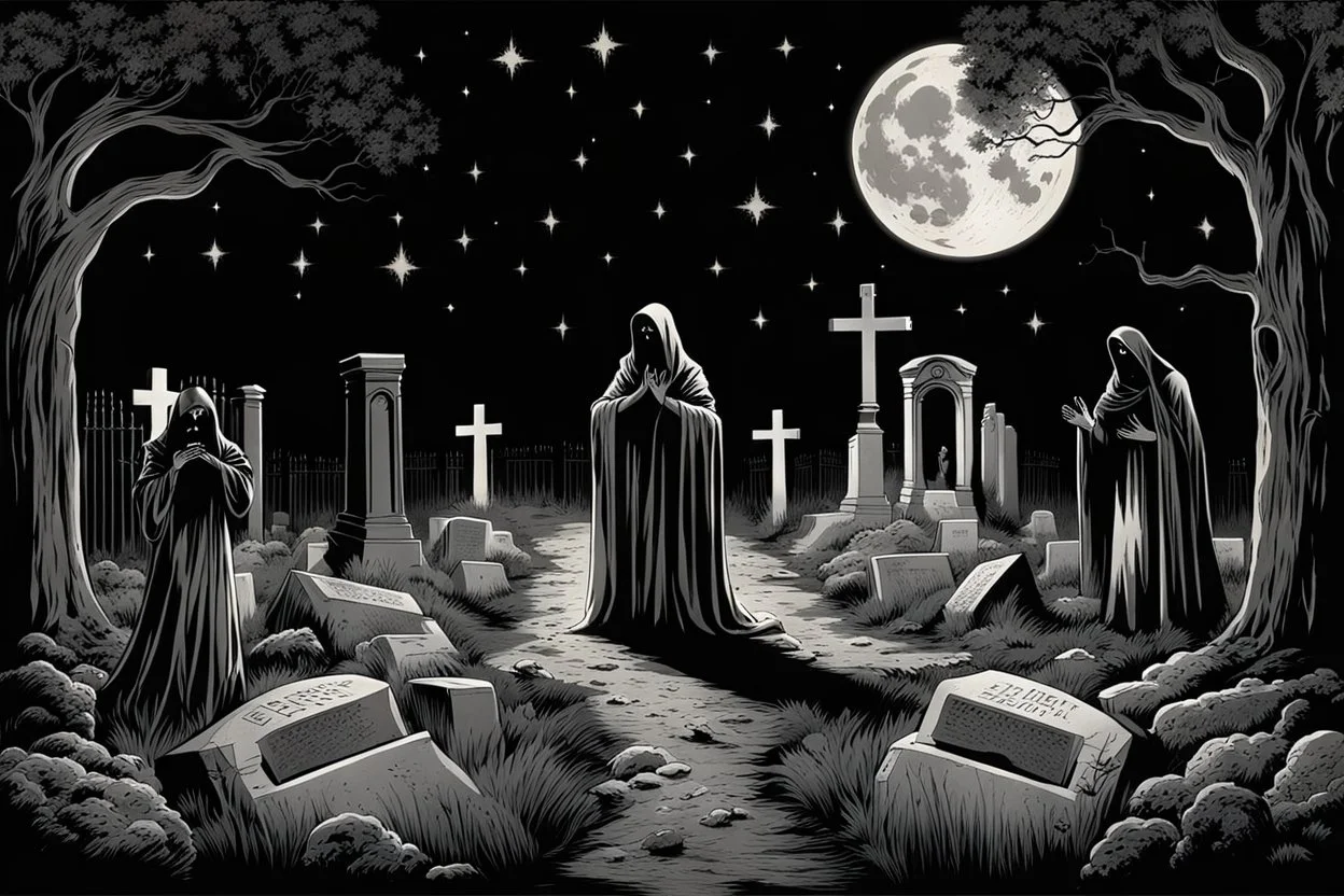 Eerie Encounter in midnight in cemetery, a ghost with a scared face, screaming, and two mourners with scared faces facing each other, night, stars, two spades on the ground, a pit, a pile of earth, in the background graves, crosses