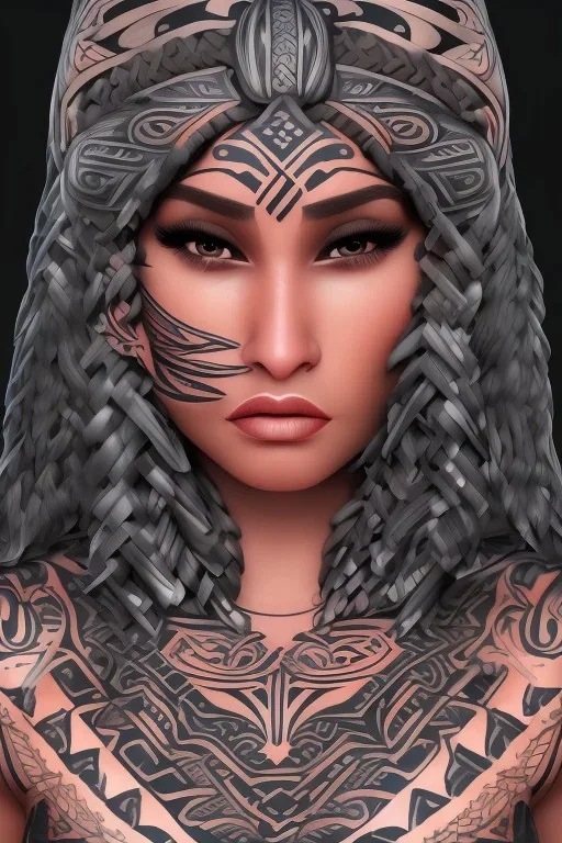  Portrait female Maori Chief half colored iron maiden Maori tribal tattoos, bow with arrows, full detail, 4k, style of Cosmopolitan