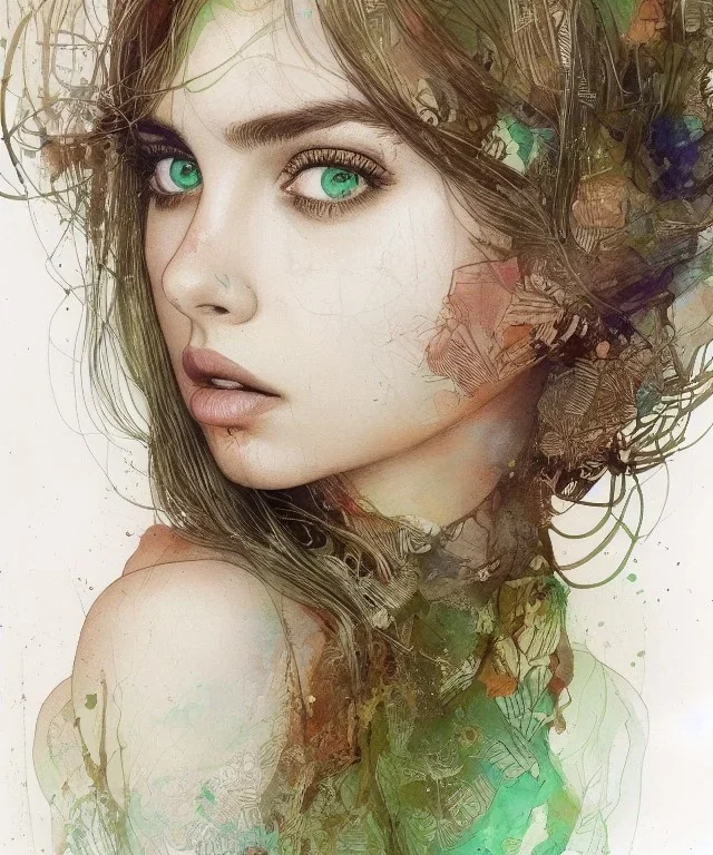 a beautiful samdoesarts face portrait of young and cute ana de armas, fine pencil and watercolors, detailed green-brown eyes, intricate, by carne griffiths and victo ngai