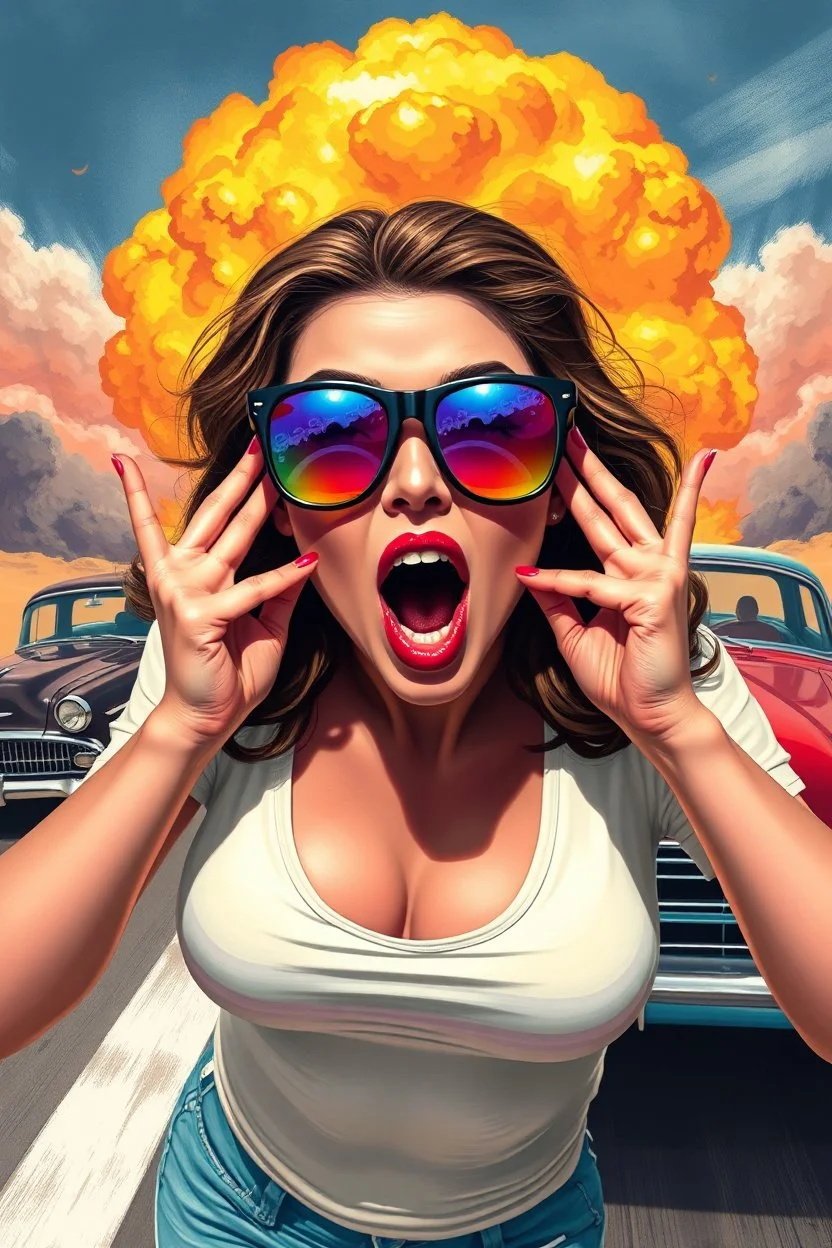 an young woman leaning forward(cropped tightly from between nose and stomach, white top with wide neck opening, cleavage, hands at face with surprised expression, home alone scream, wavy hair, large cheep colorful sunglasses, gloss lips), nuclear explosion and classic Cars in background, greaser, digital painted illustration