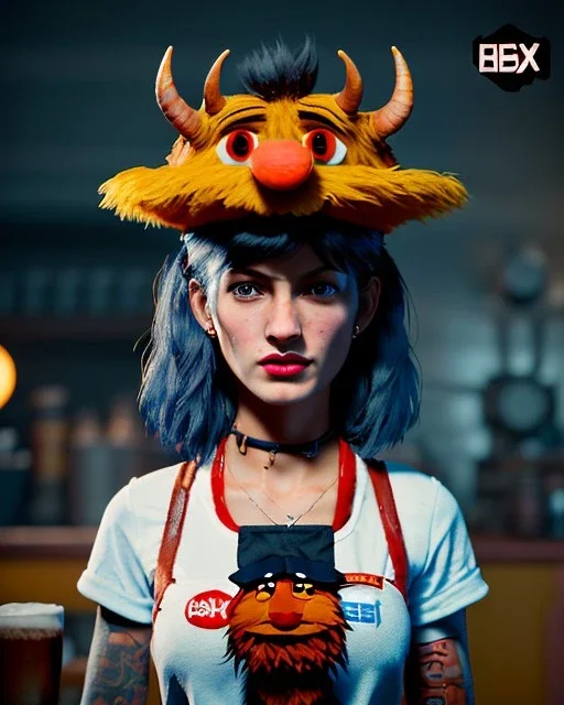 hybrid character, waitress sexy British woman with monster muppet mask that covers her entire head, Sesame Street style, retro style, short shirt, tray, beer, old school tattoo, hot, smooth, unreal engine 5, god lights, ray tracing, RTX, lumen lighting, ultra detail, volumetric lighting, 3d.