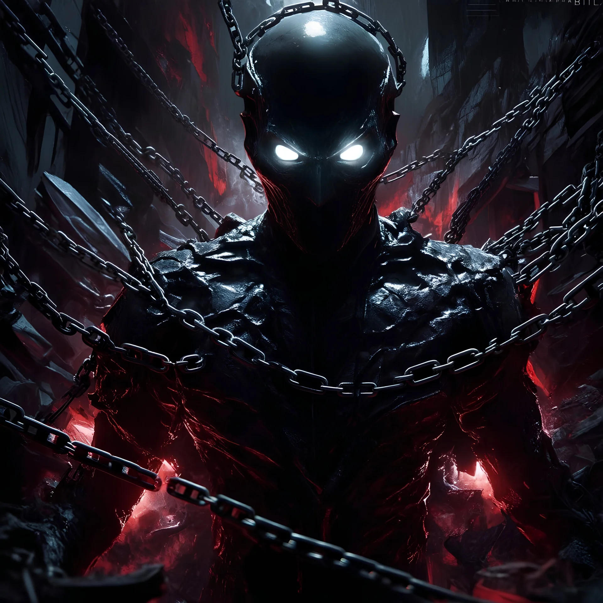 A dark, shadowy figure with glowing white eyes, entangled in chains, in a dark, dramatic, and high-contrast environment. The figure should have a sleek, liquid-like texture with red and black highlights. Background filled with abstract, chaotic elements. Highly detailed and cinematic style. Add the text 'BOLBES' in a bold, futuristic font in the top or bottom area of the image."