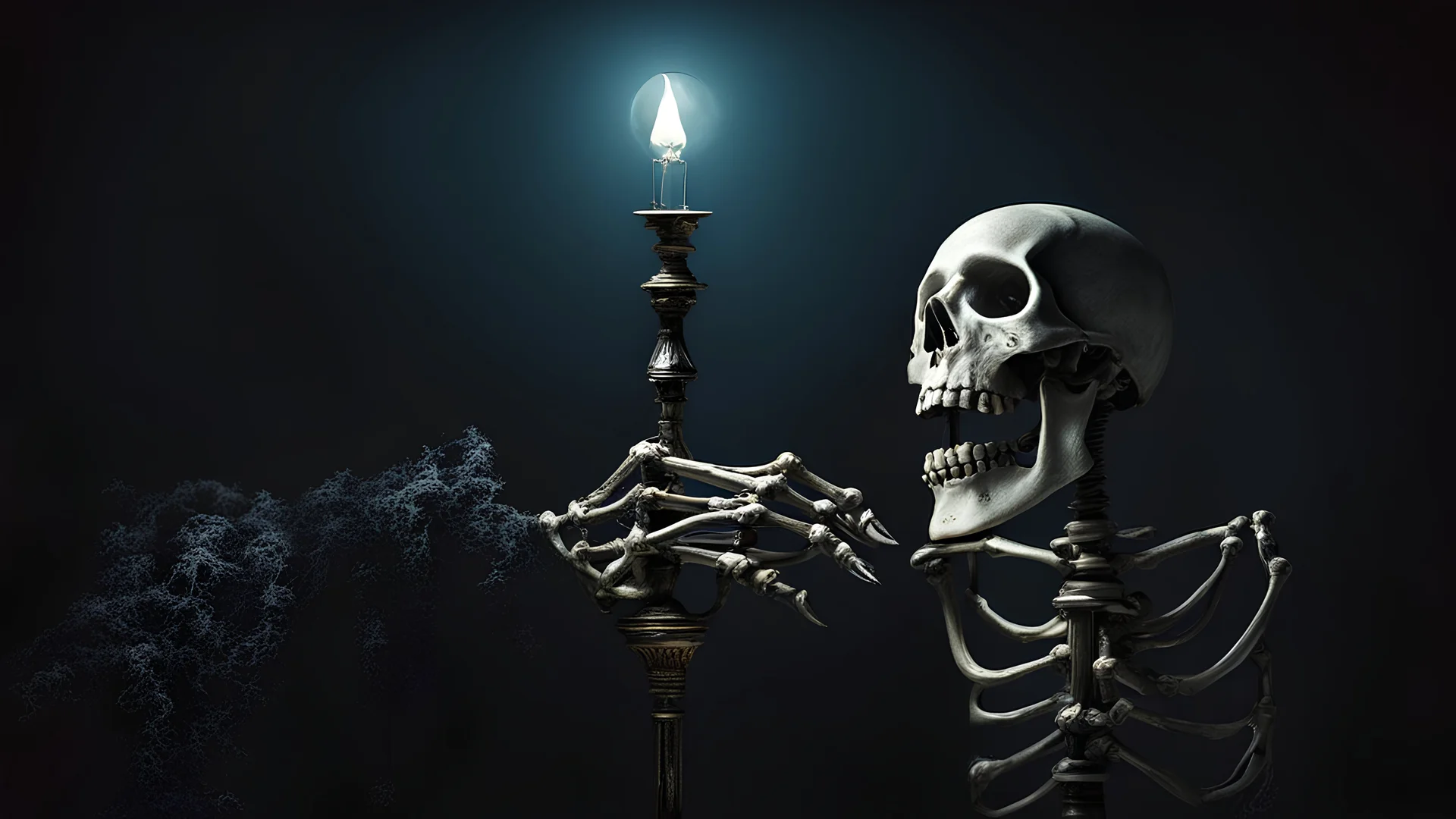 Skeleton hand holding a night lamp, dark fantasy