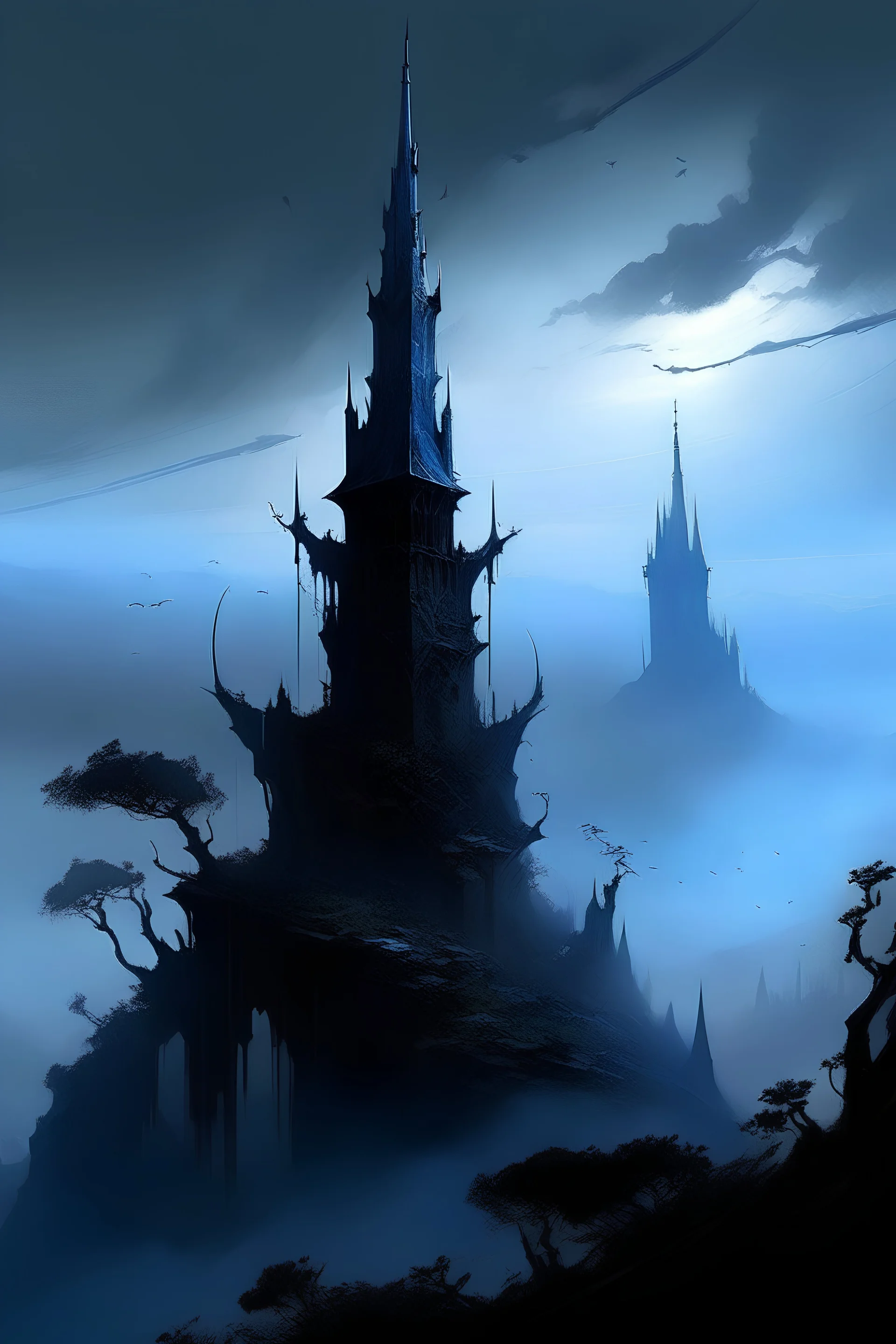The Shadowreach Spire stands as a foreboding testament to the dark and mystical forces that reside within the Whispering Hollows. Perched atop the Hill of Veiled Enigma, the spire's silhouette cuts through the mist that blankets the surrounding landscape, casting an eerie and imposing shadow. The spire itself is a structure of ancient and weathered stone, reaching high into the sky. Its architecture is a fusion of Gothic and arcane elements, with pointed arches, intricate carvings, and gargoyles