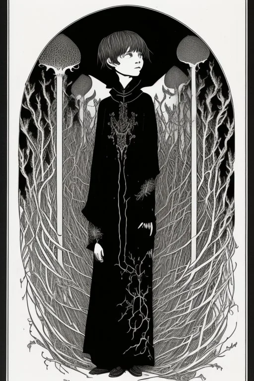 7 year old boy, friendly, looks dead, with weird mushrooms growing out of him, wearing black robes, in the style of Harry Clarke