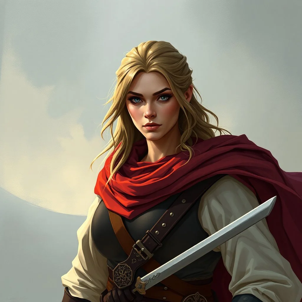 a pretty middle-aged woman, medieval, fantasy, mercenary, digital art, stylised