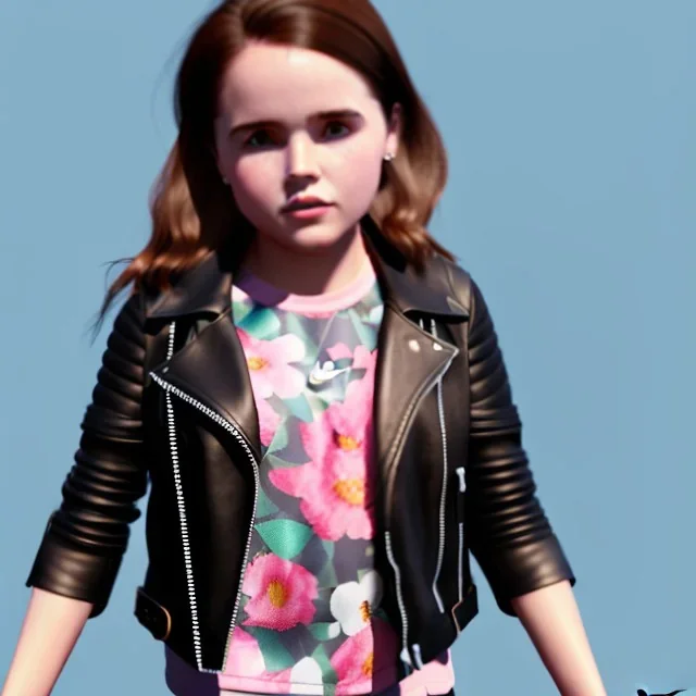 Zoey deutch toddler, full body, leather jacket, floral shirt, floral skirt, Nike sneaker, soft skin, city background, dramatic lighting, hyper realistic