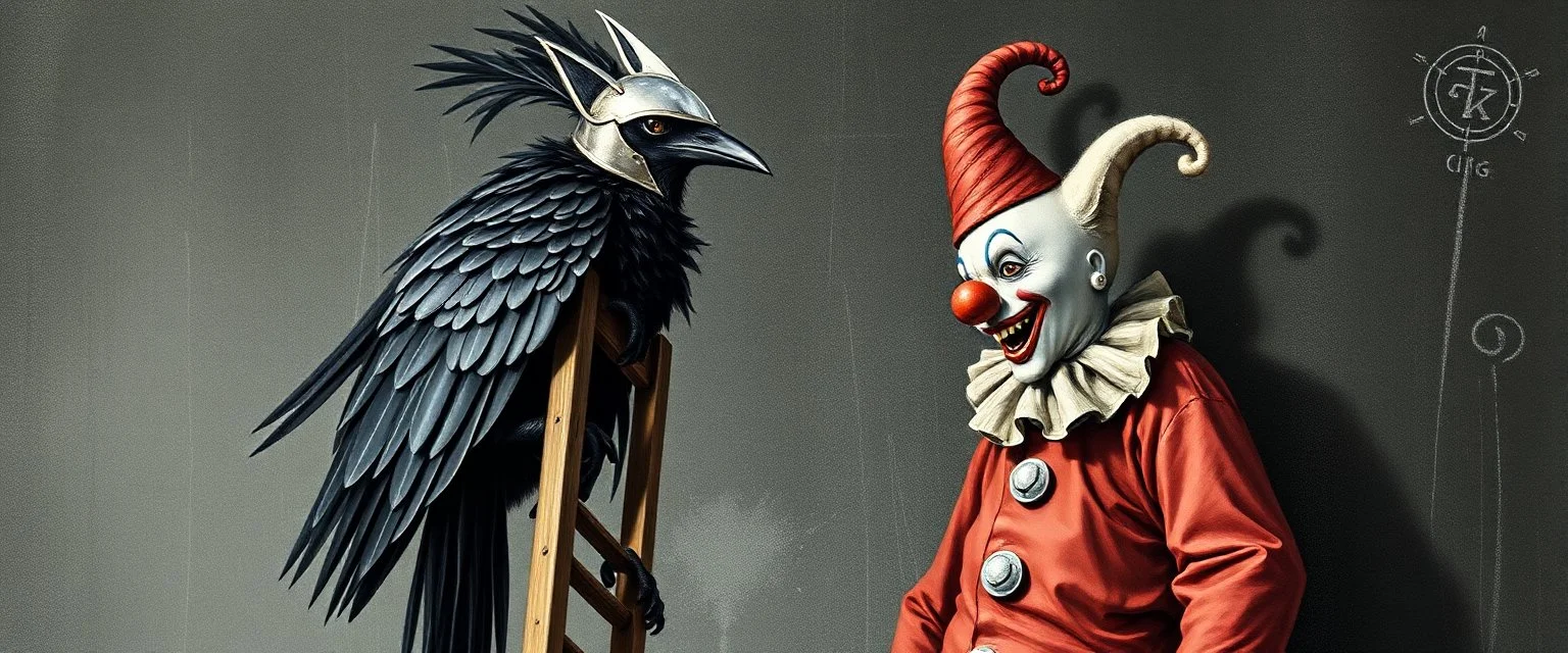 crow knight with cat o nine tails, wearing mirror hat, climbing ladder, in front of chalk art clown, in the style of escher and giger