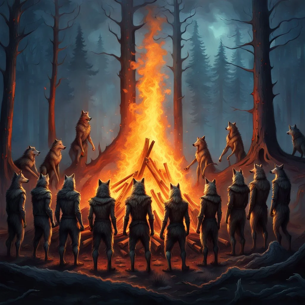 close up one large bonfire with its flames rising high in a clearing, around the bonfire many anthropomorphic wolves watching the flames. rain, cold deep colors, around them in the background dark trees with huge trunks, rainy day, high contrast, high detail, atmospheric, dark fantasy, sci-fi atmosphere, cinematic