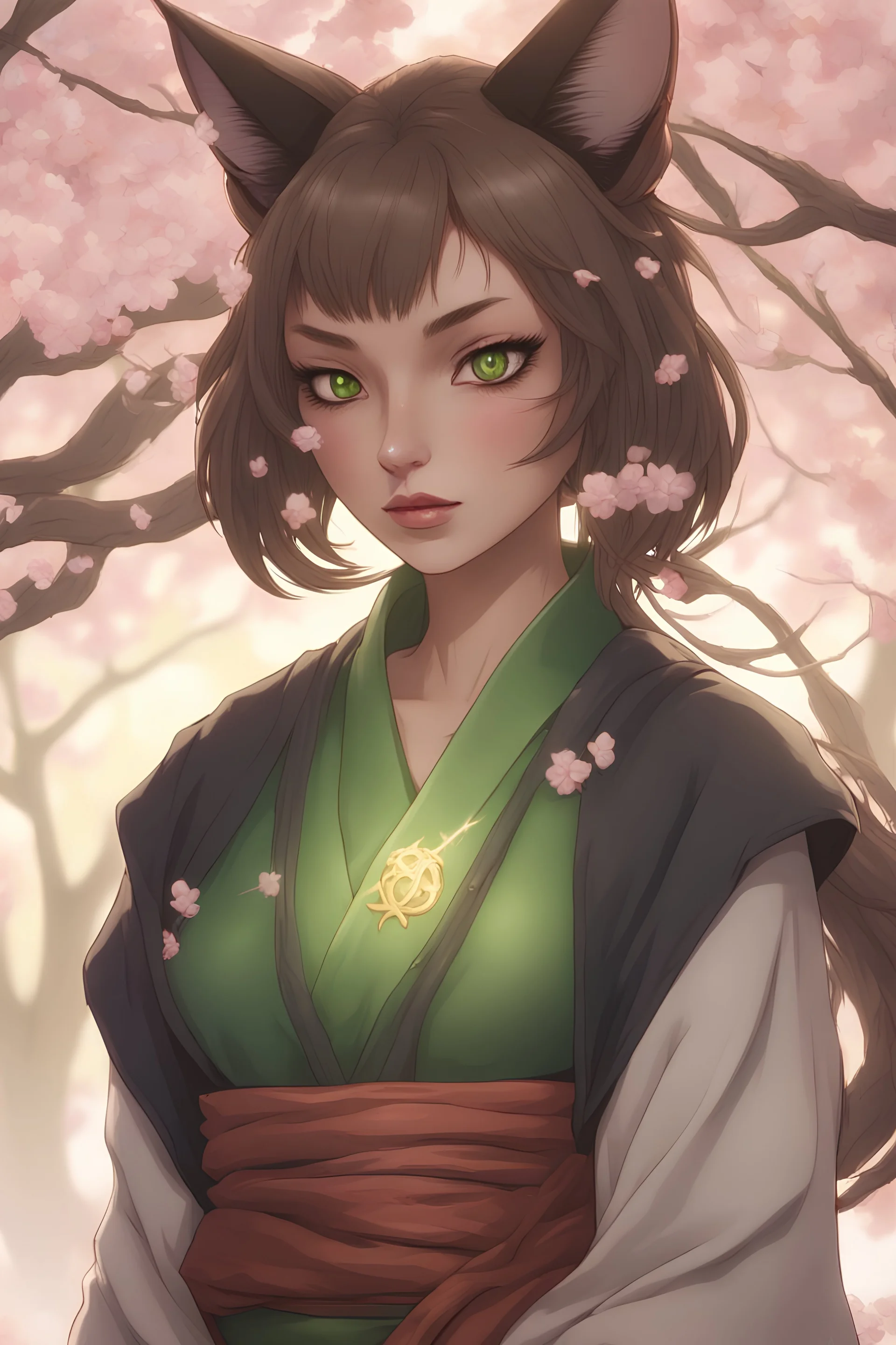 portrait of a mystical female Tabaxi mage with black fur casting lightning spell in japanese clothes, feudal japan, D&D character, RPG, realistic, 8k, beautiful, curvaceous body, perfect lips, green eyes, full body frame, alluring pose, cherry blossoms in background, heroic shape, super detailed,