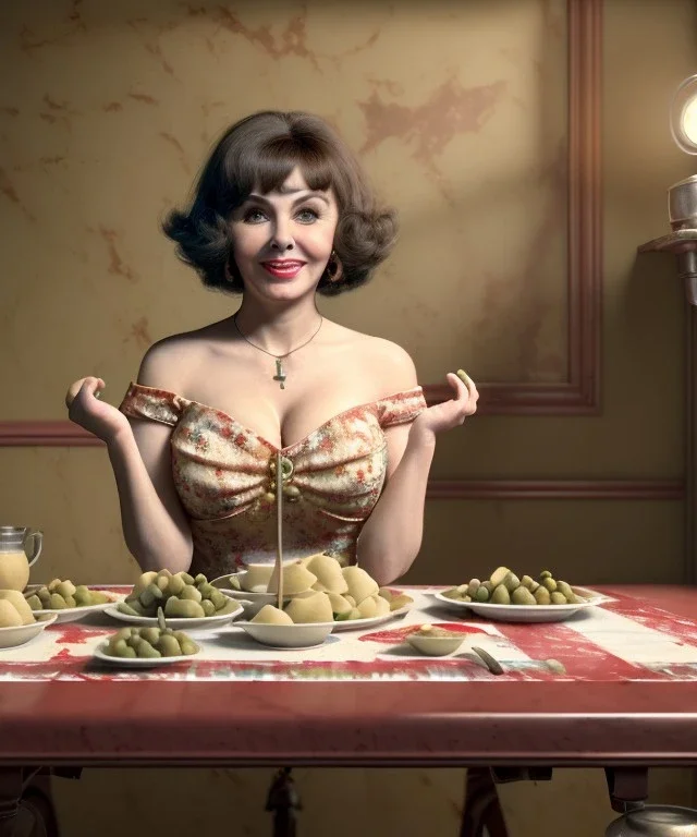 Ultra realistic photographic portrait, happy young Gina Lollobrigida woman sitting with arms resting on Italian kitchen table, pretty tortellini dish with olive oil and albahaca, renaissance style decoration, soft color, highly detailed, unreal engine 5, ray tracing, RTX, lumen lighting, ultra detail, volumetric lighting, high definition.