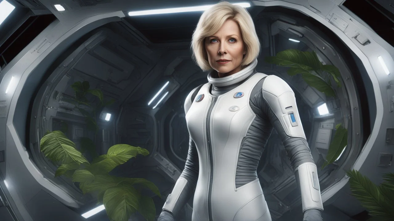 An ultrawide-angle, photorealistic image of an adventurous, slender, fifty-year-old woman from the future, dressed in a tailored, full-body spacesuit, stands to the right of her huge, wide, wingless cargo spaceship. Her uncombed, blond hair has bangs. Standing on a metal box in a jungle clearing.