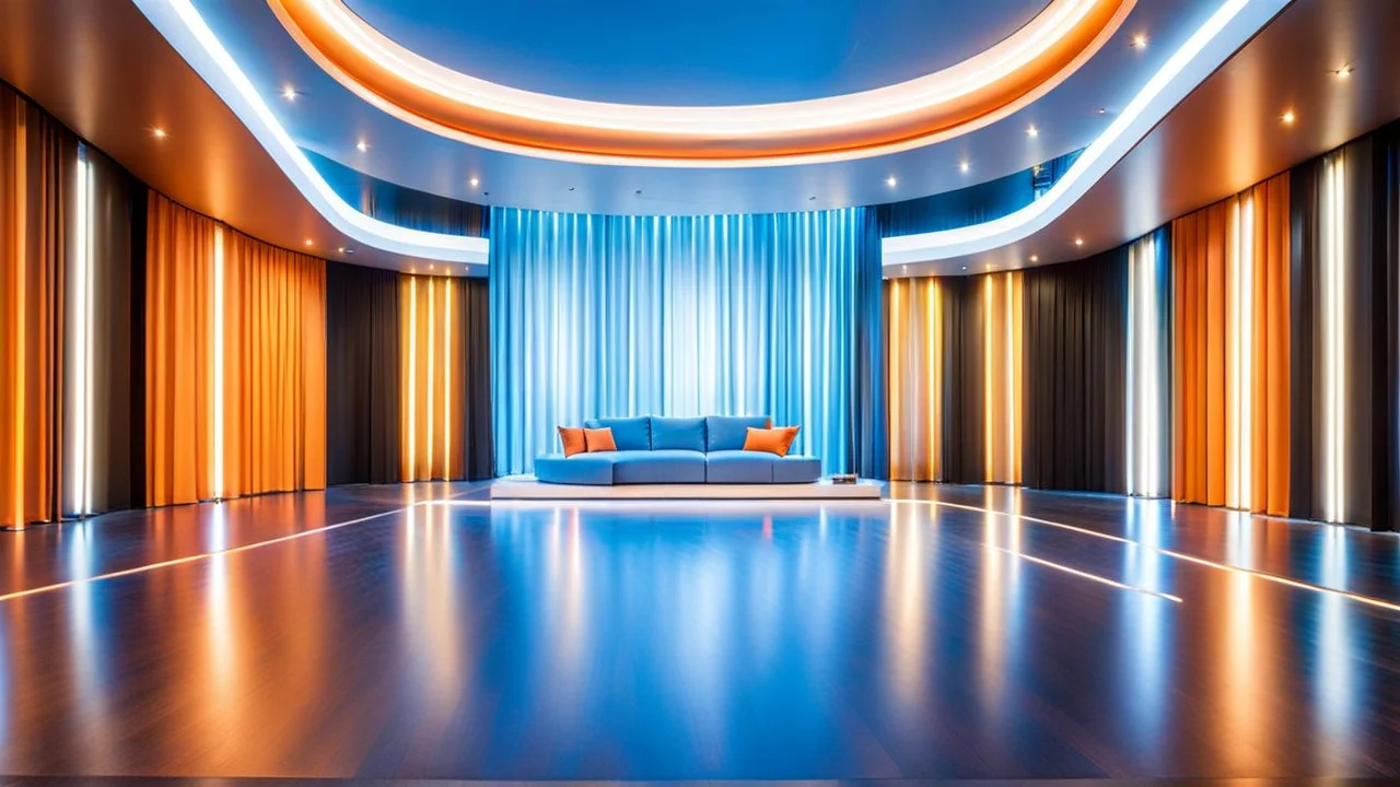 beautiful dance stage in luxury modern hall dynamic lights, modern furniture light blue & orange theme