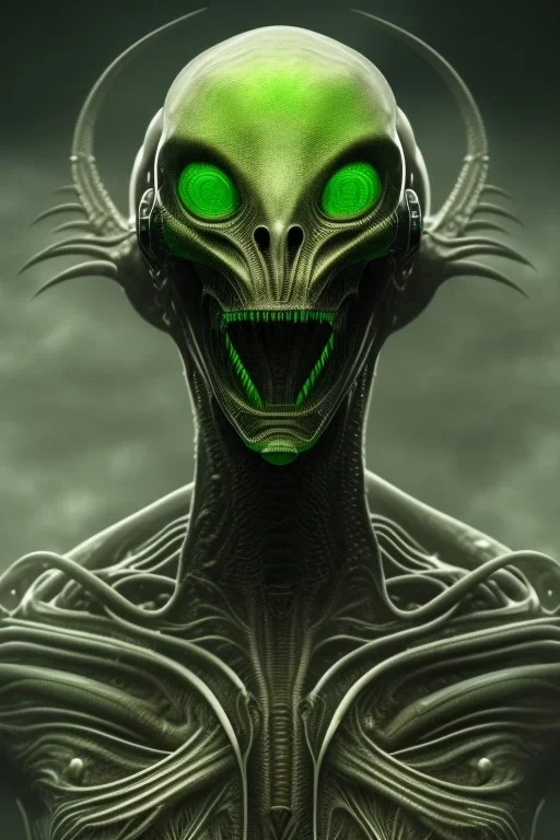 alien, head, evil,green eyes, weapons, blood, 8k, finely detailed, photo realistic, HR Giger style