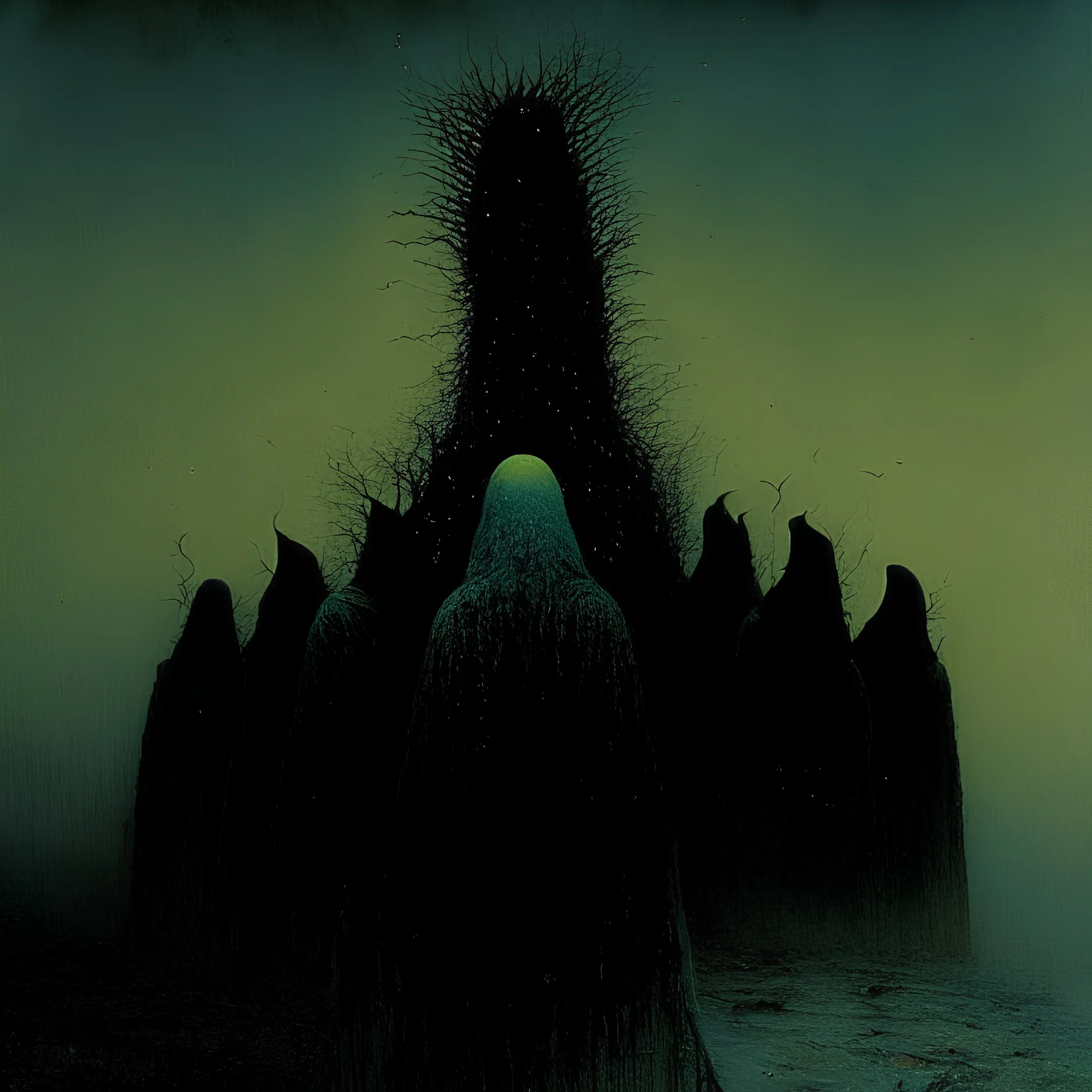 malignancy of nightmares as faceless heads on the Human Misery scale, Style by Zdzislaw Beksinski and Stephen Gammell and Colin McCahon, dark colors, surreal horror art, nightmarish atmosphere, dynamic composition, sfumato, based on the imagery of Zdzislaw Beksinski