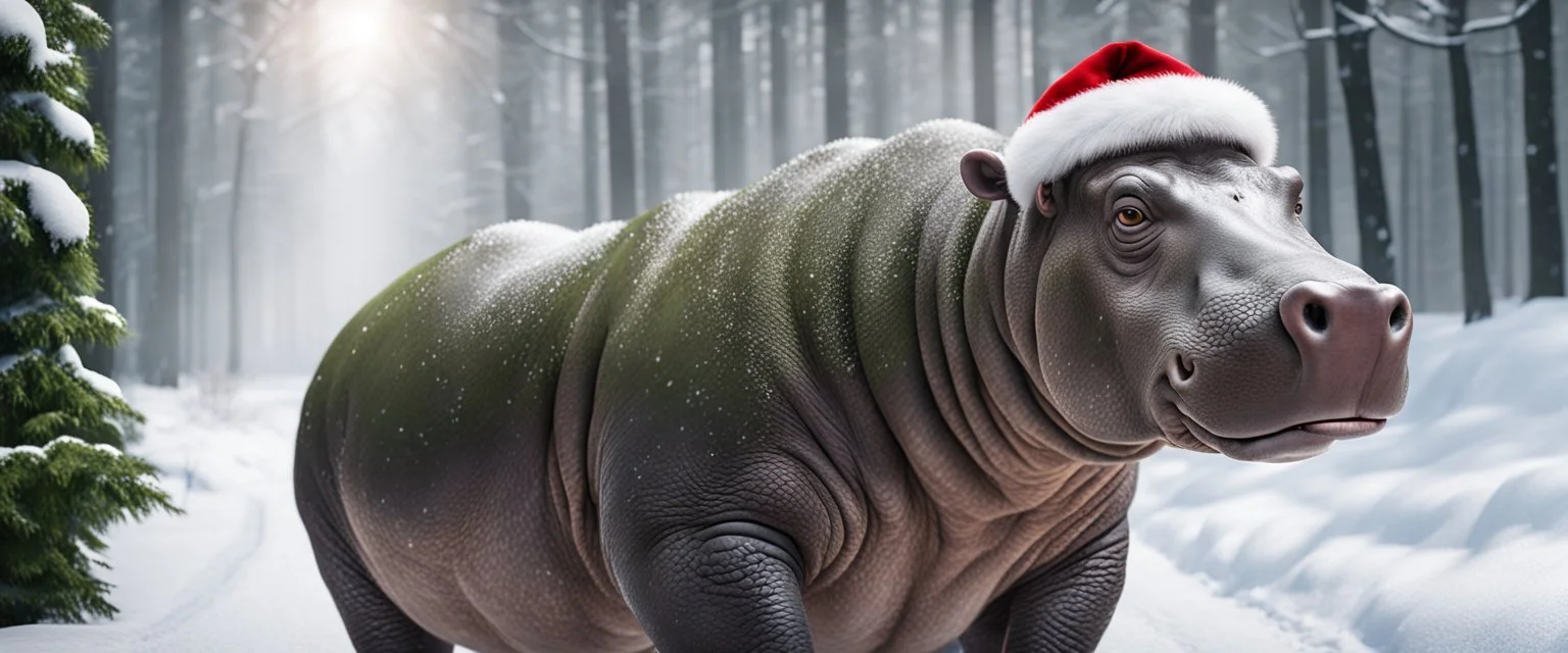 hippo in the snow with santa clause hat, forest alley background, close-up shot, realistic,Highest quality telescopic Zeiss Zoom lens, supreme cinematic-quality photography, steel walnut wood green leather clothes, Art Nouveau-visuals,Vintage style Octane Render 3D technology,hyperrealism photography,(UHD) high-quality cinematic character render,Insanely detailed close-ups capturing beautiful complexity,Hyperdetailed,Intricate,