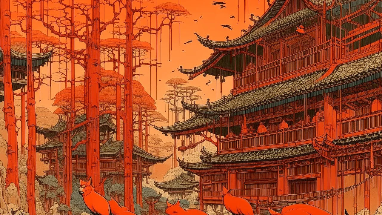A rosy tannish orange colored cyberpunk zoo painted by Utagawa Hiroshige