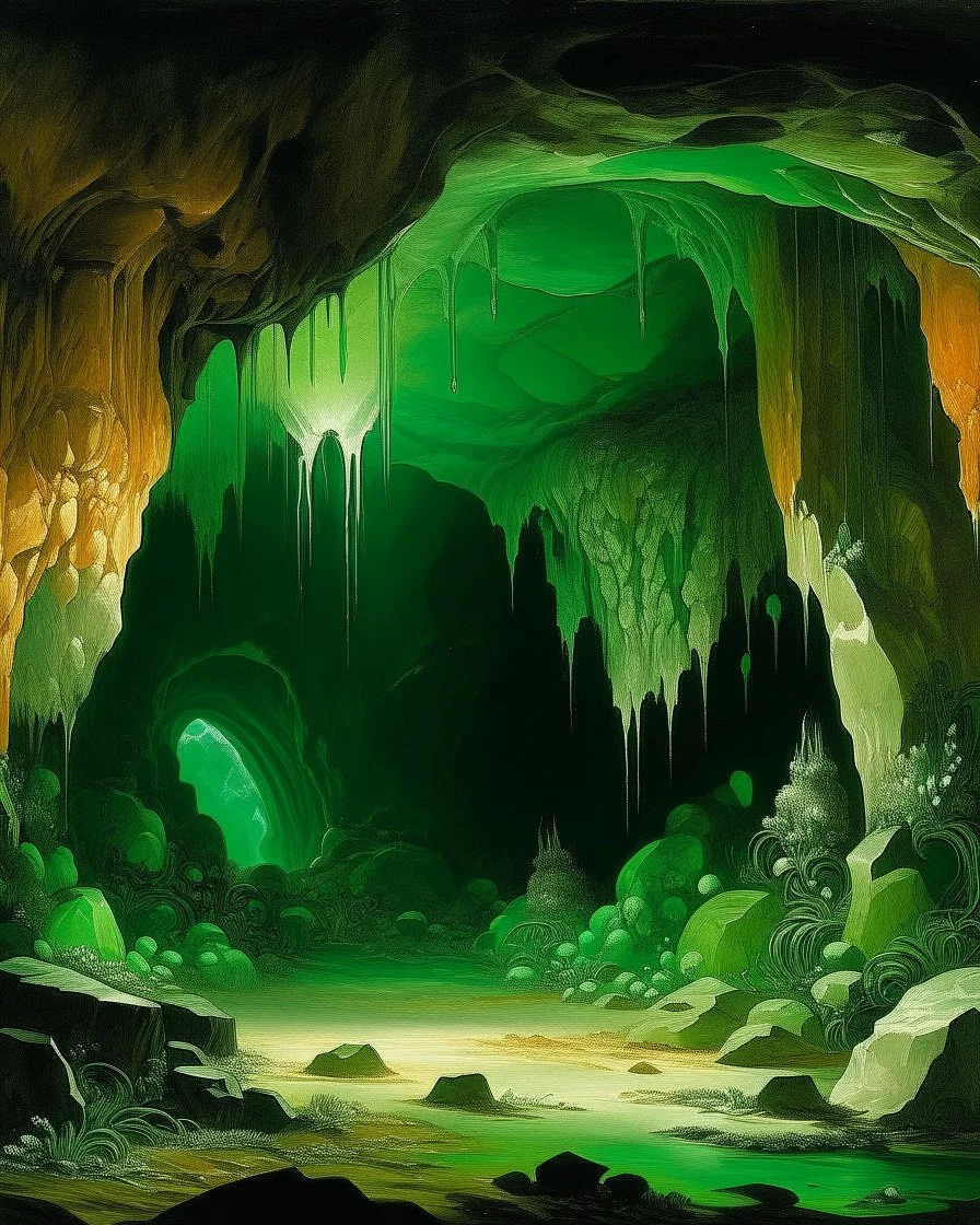 A green underground cave with crystals designed in German folk art painted by Ivan Aivazovsky
