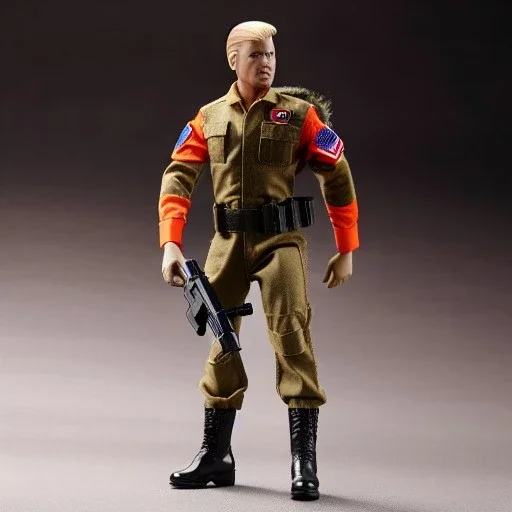 G.i. Joe toy camouflage khaki doll angry Donald Trump (((orange face))) with boots full body in package high resolution 2019, in a box with gun