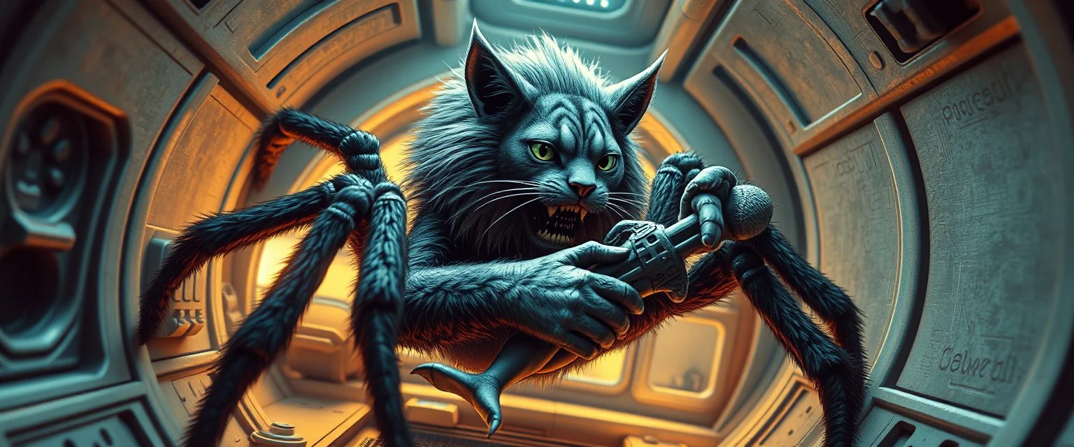 gritty air brush 3d with pen outline, vampire space loab spider lion cat holding a human in its grip, pin hole cam in doll house space ship, in the style of HR GIGER
