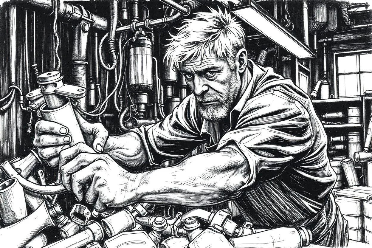 a working man (light swedish hair) pushing objects in a factory, sweating really hard, muscles are exploding, the man have worked through years of day and night never ending, black and white hard marker painting rough style
