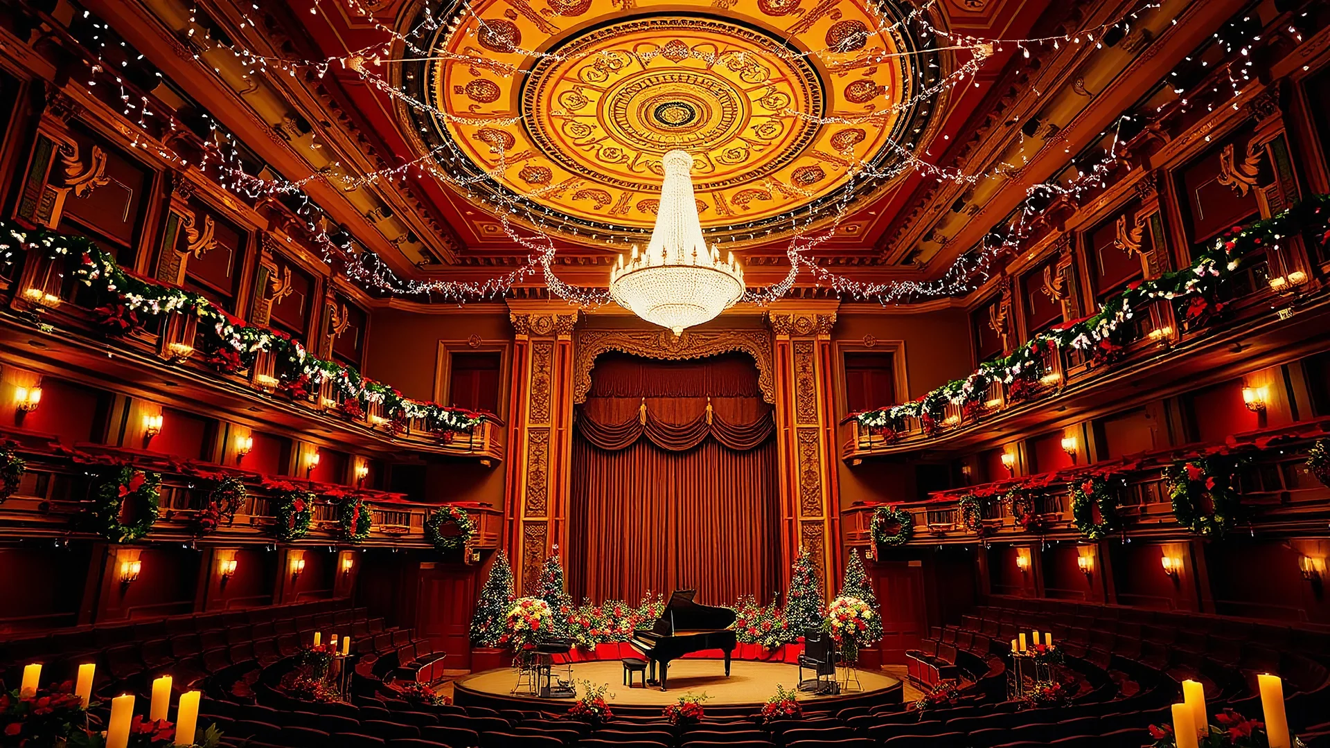 opulent concert hall is now festively adorned for Christmas. Warm, golden lighting and twinkling fairy lights create a joyful atmosphere. The ornate ceiling is decorated with sparkling holiday lights and ornaments, enhancing the central chandelier. The stage, set with a grand piano, is surrounded by poinsettias and holly. Candles and Christmas wreaths dot the seating area, while multiple levels of seating, including balconies, suggest a grand venue for a Christmas concert.