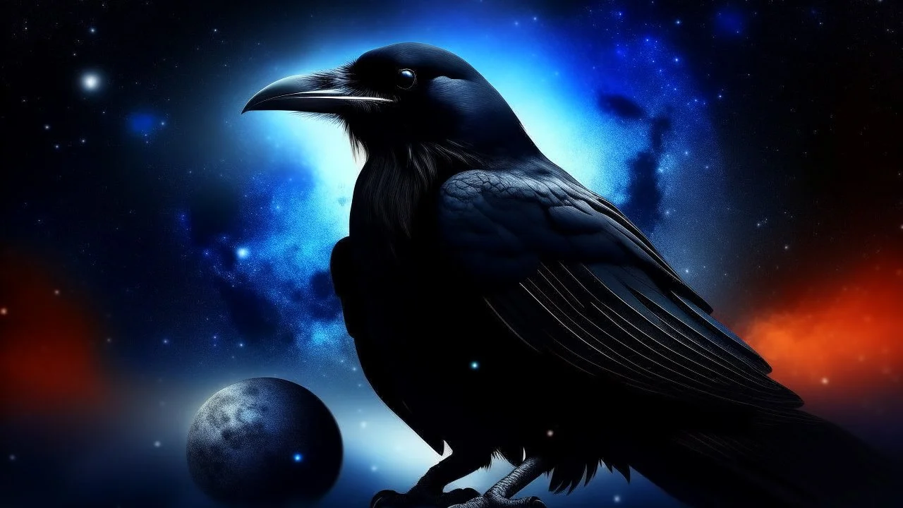 Crow in a space an the background of planets, souls