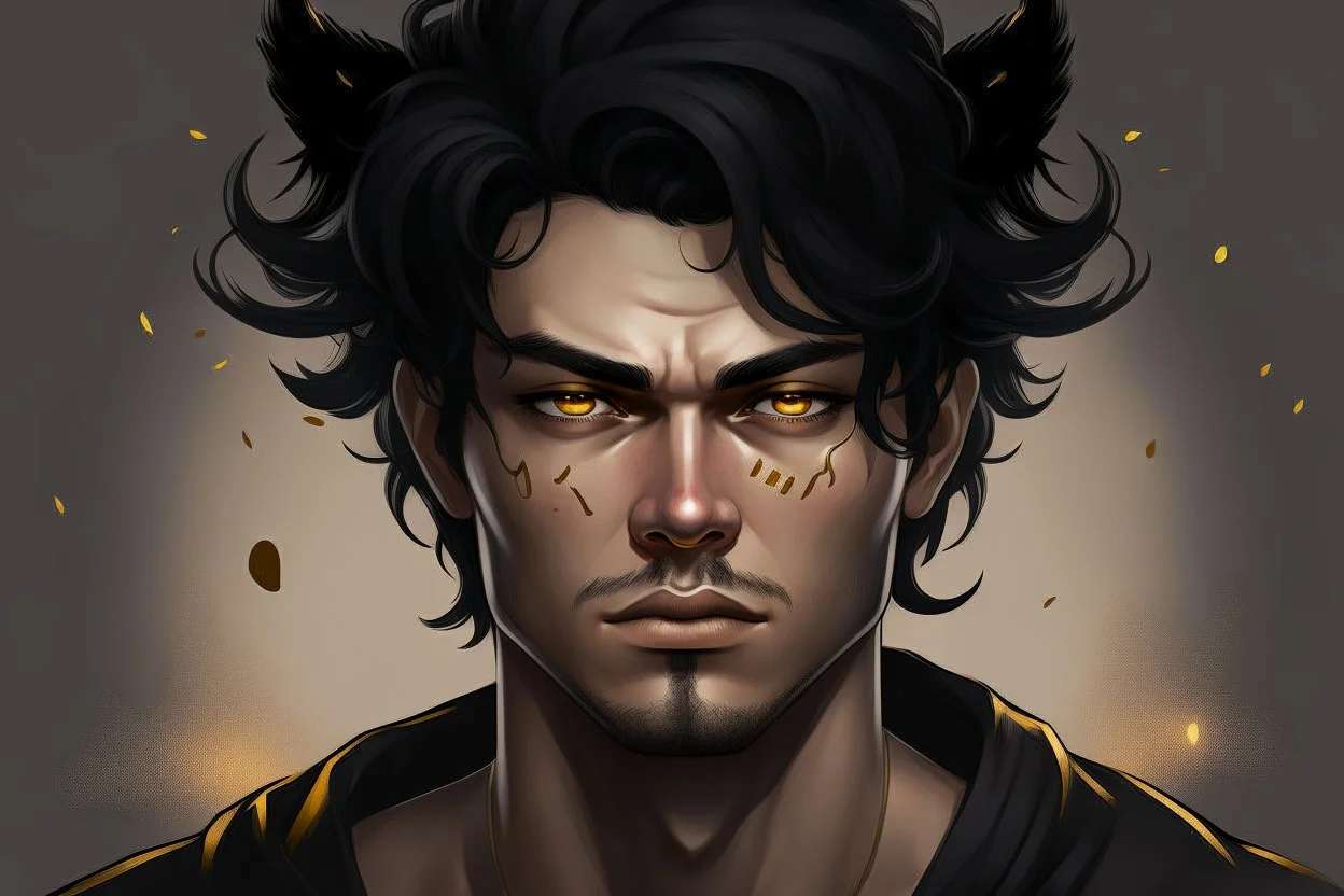 man with messy black hair, gold eyes, large black cat ears on his head, realistic