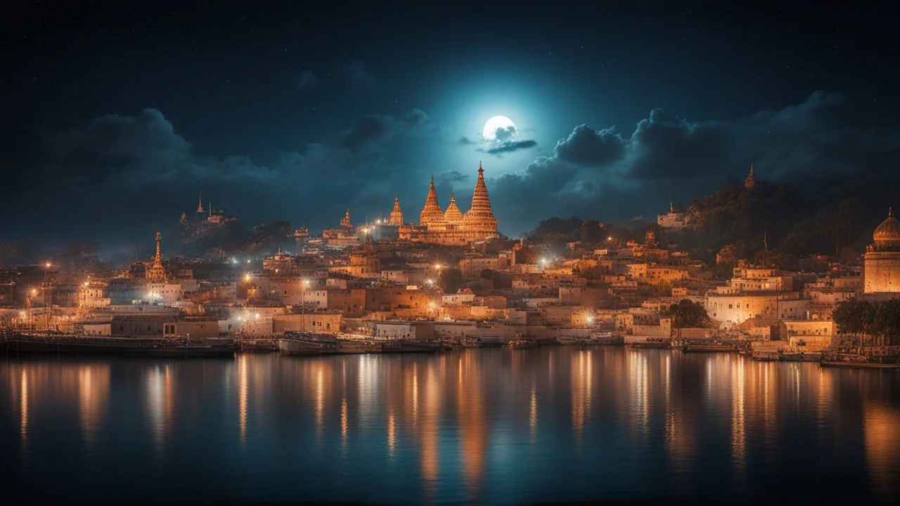 dream world, Indian city harbour, calm beauty, fantasy world, magic, night, darkness, moonlight, starlight, splendor, uplifting, inspiring, therapeutic, chiaroscuro, color, award-winning colour photograph, beautiful composition, Nikon 135mm