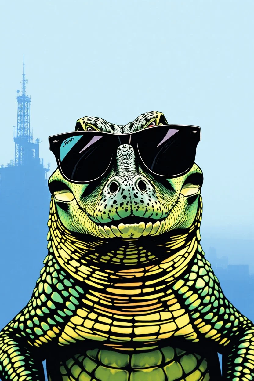 crocodile with sunglasses in the style of warhol