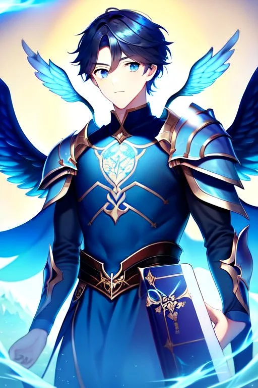 a person in runic armor with blue wings, blue short hair, runic tattoo and spell book, male