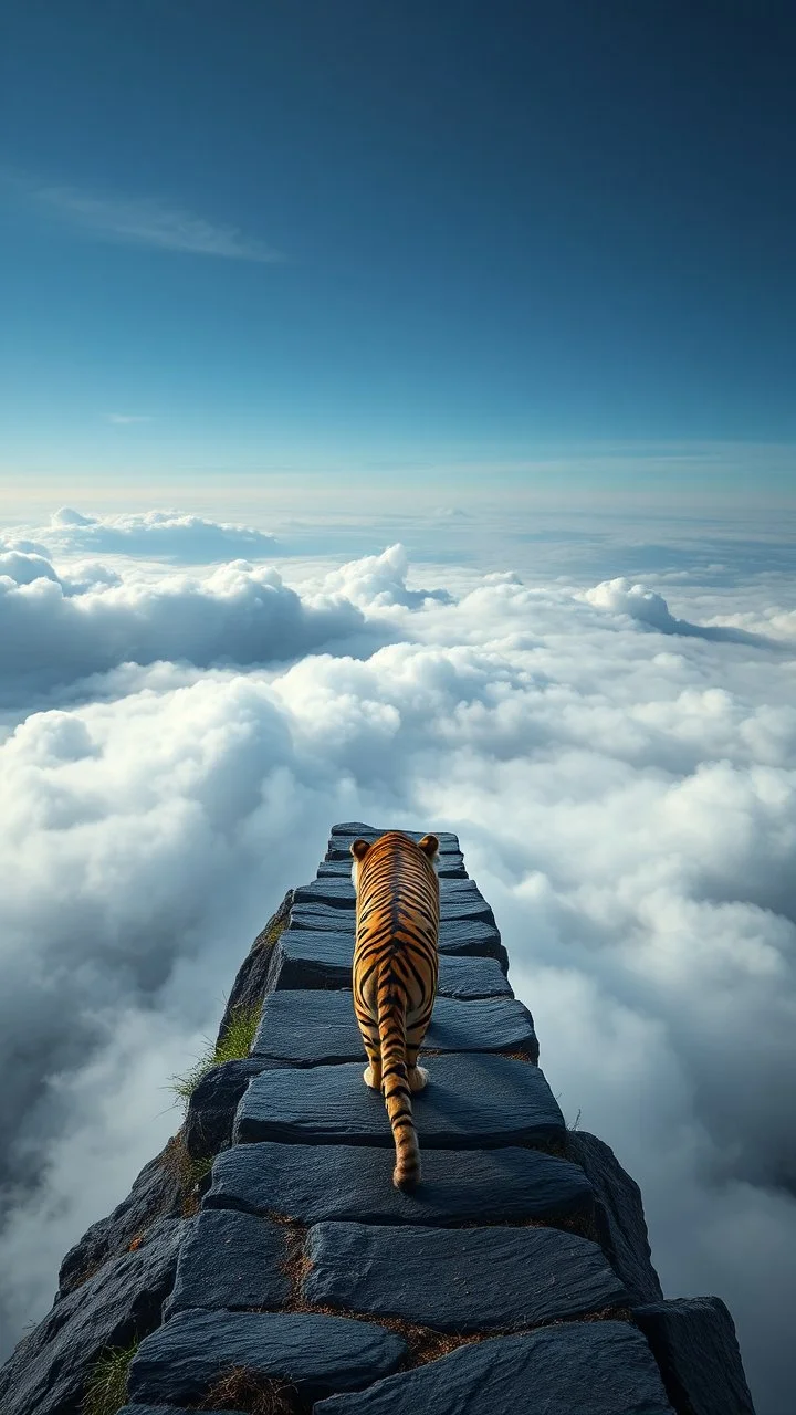 narrow black stone path above the ground gradually getting higher into the clouds no railings, at the top a tiger looking at you
