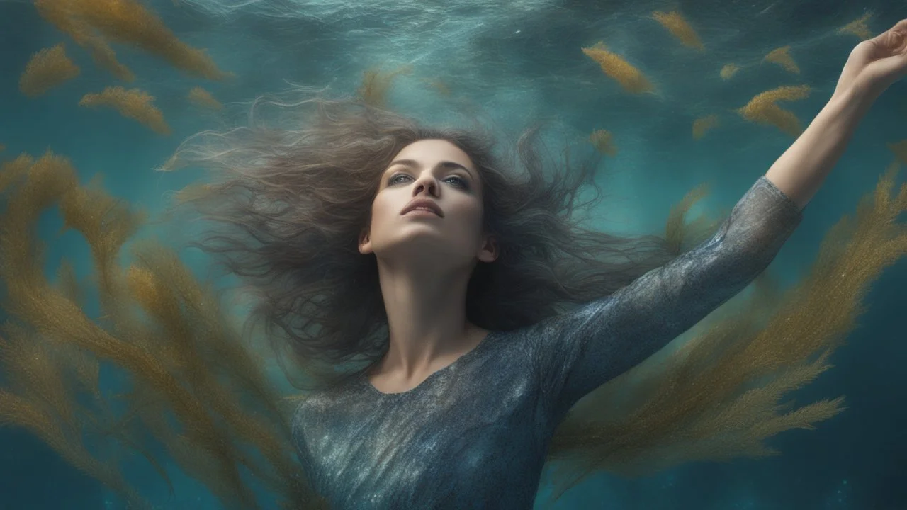 portrait of a woman, beautiful eyes, dancing underwater, scales, seaweed hair, double exposure, glare, sparkles, clear lines, detail, fine rendering, high resolution, 64K, photorealism, precise focus, digital painting,