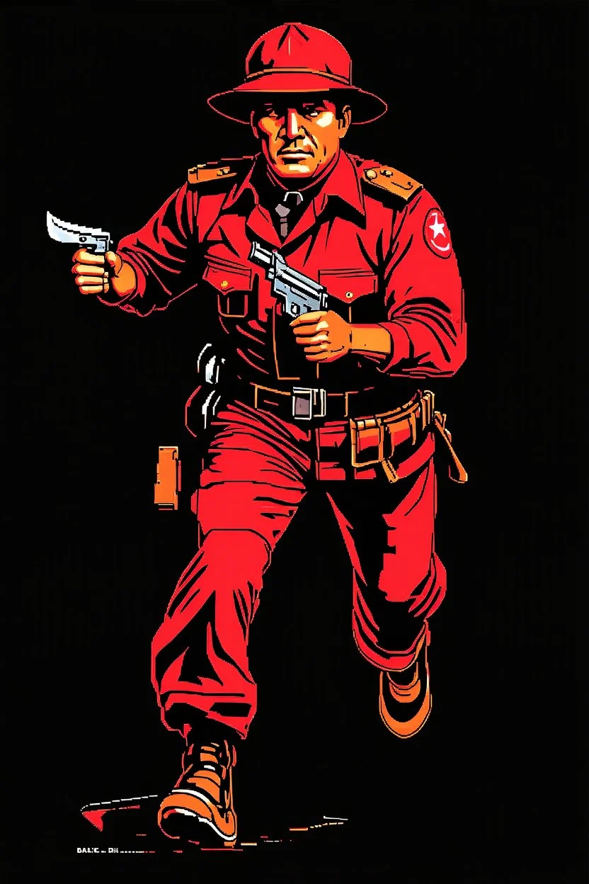 Cuban soldier(uniform and face based on racist steriotypes) running towards viewer, a knife i one hand, and a gun(barrel pointing at viewer) in the other. blocky retro 1960's jack kirby style poster in monochrome with white background