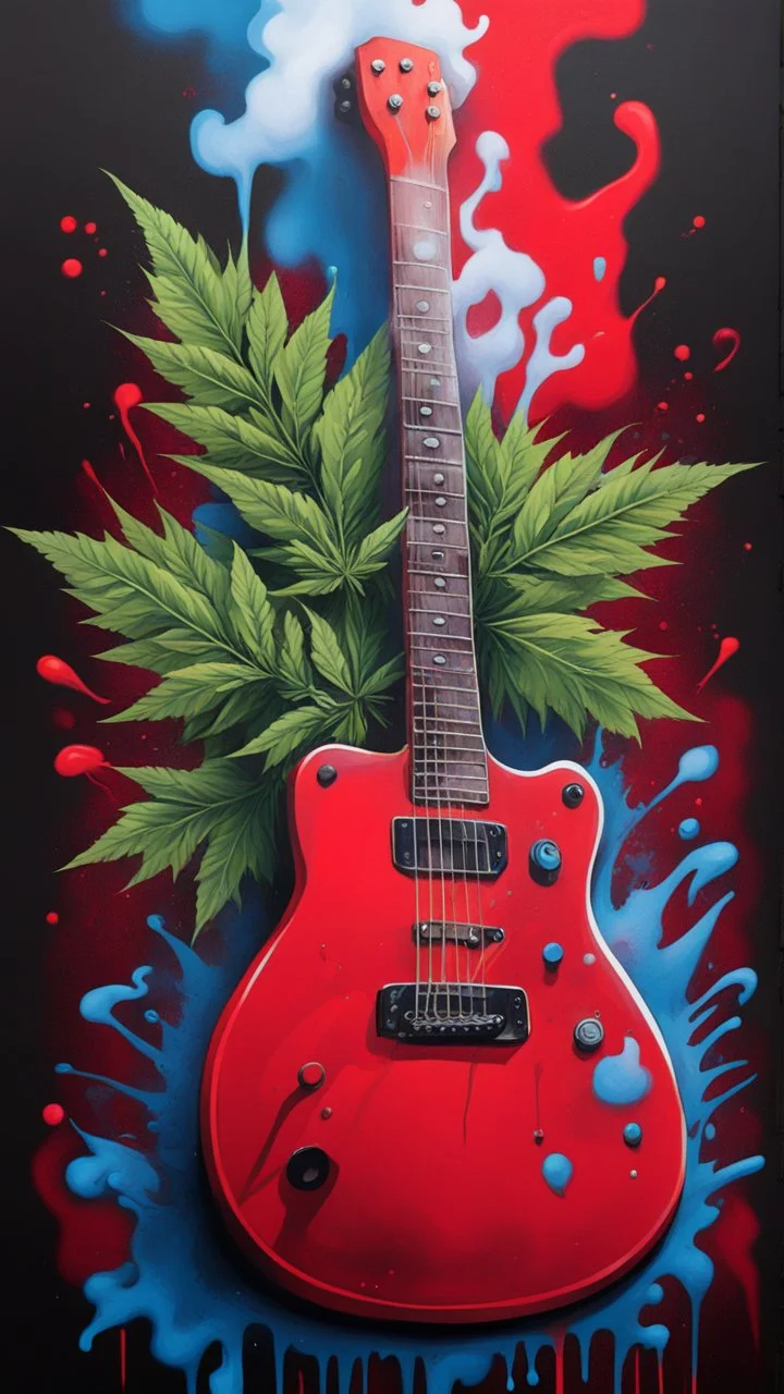 A red electric guitar with weed leaves in the background and smoke , graffiti art, splash art, street art, spray paint, oil gouache melting, acrylic, high contrast, colorful polychromatic, ultra detailed, ultra quality, CGSociety, plant based skink,