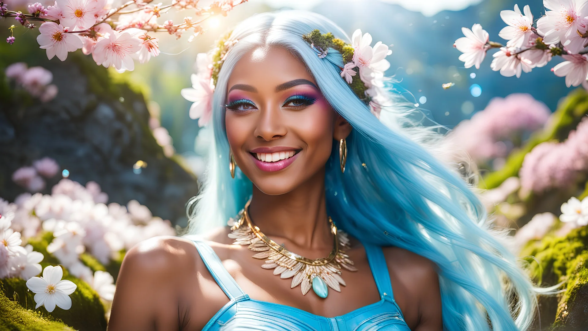 Portrait of a gorgeous smiling skinny polynesian goddess with a golden dark skin, long smooth clear turquoise blue white hair, blue eyes, in a sci-fi outfit with luminous strikes blowing a kiss in a hill of flowers with sakura trees, a small torrent, loads of mini flowers, moss, sun rays through the branches, particles in the air at spring