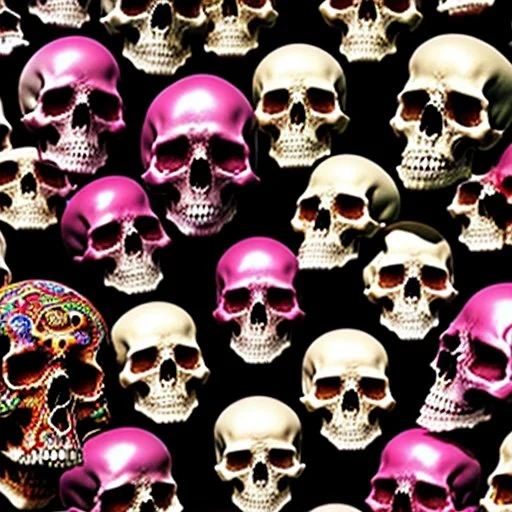 a picture of a dark, comedic, anatomically correct wall of colorful skulls of varying sizes and expressions, photo realistic, insanely meticulous, highly detailed, part of a collection of bones on display, 64k, dystopian, vray