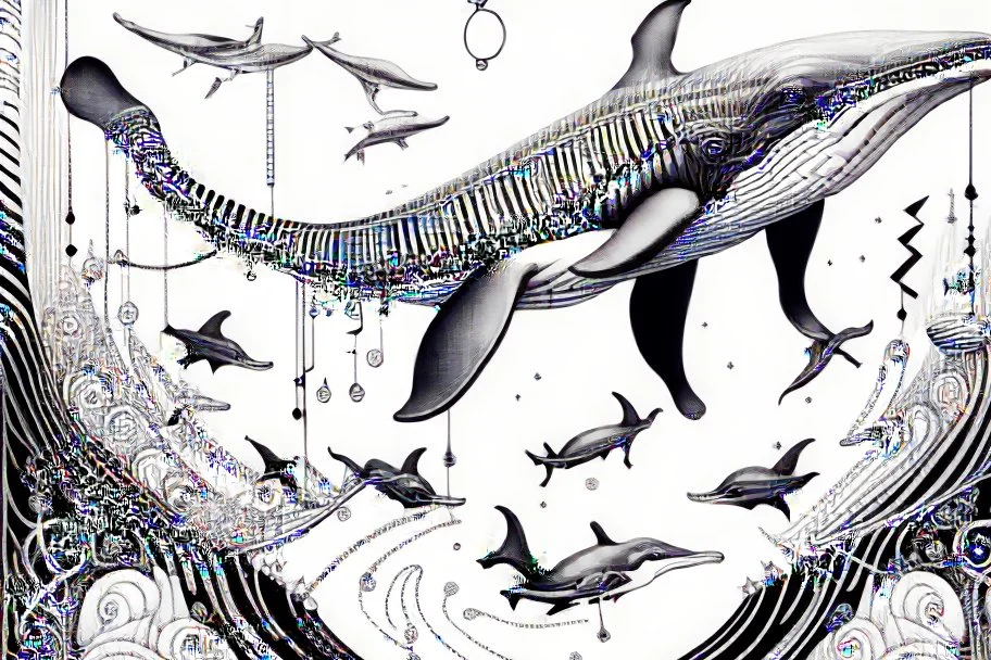 line drawing, of a beautiful surrealistic image of an orca and a flying elephant ;made exclusively of music symbols, background is horizontal parallel lines like staffs and piano keys at bottom, symbols are discernible, overall exquisitely detailed, elegant, extremely intricate, high definition, dope, innovative, line art, contemporary art, fractal pencil drawing,